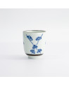Weiße Porzellanschale mit blauen Blumenmotiven, 16 cl Fassungsvermögen, feiner brauner Rand