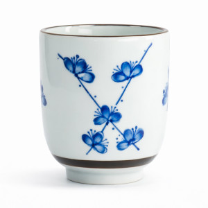 Weiße Porzelantasse mit blauem Kirschblüten-Dekor, 16 cl