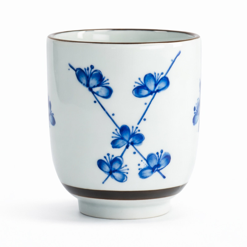 Weiße Porzelantasse mit blauem Kirschblüten-Dekor, 16 cl