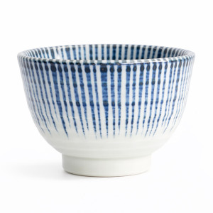 White ceramic cup with vertical blue stripes capacity 180 ml