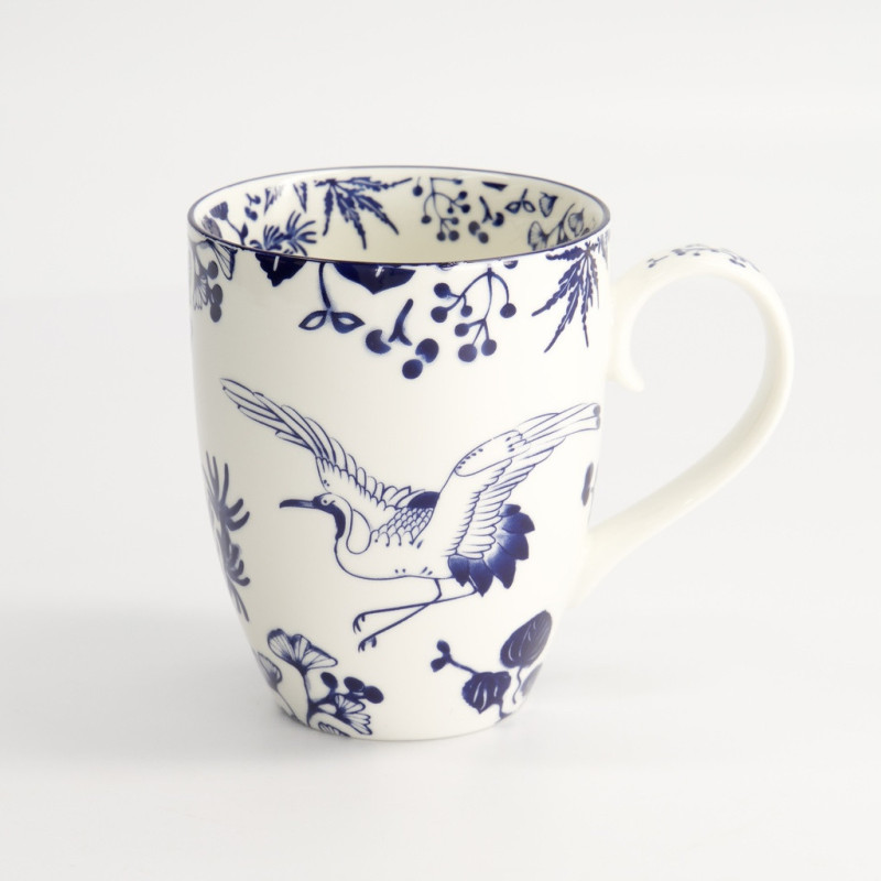 White mug with blue decoration, crane and plant motif, Japanese style, 38 cl