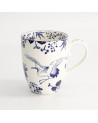 Weiße Tasse mit blauem Dekor, Kranichmotiv und Pflanzen im japanischen Stil, 38 cl
