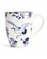 Weiße Porzellan-Tasse mit blauem Dekor, japanisches Motiv mit Kranich und Blüten, 38cl