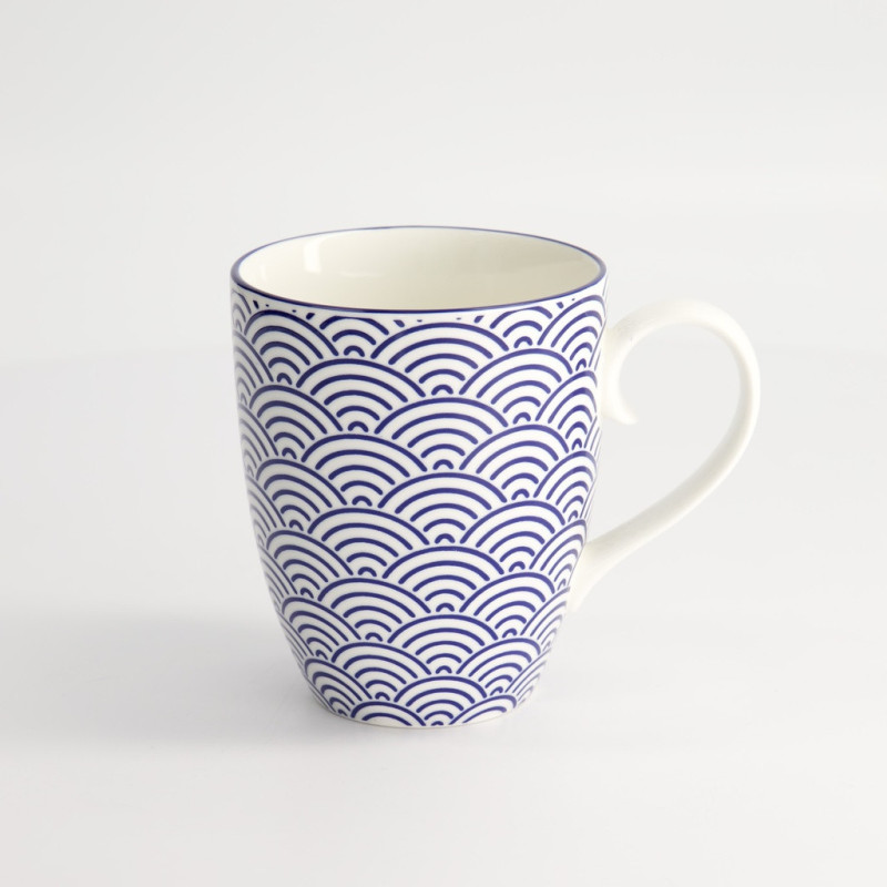 Mug en céramique motif vagues japonaises bleu et blanc contenance 38 cl