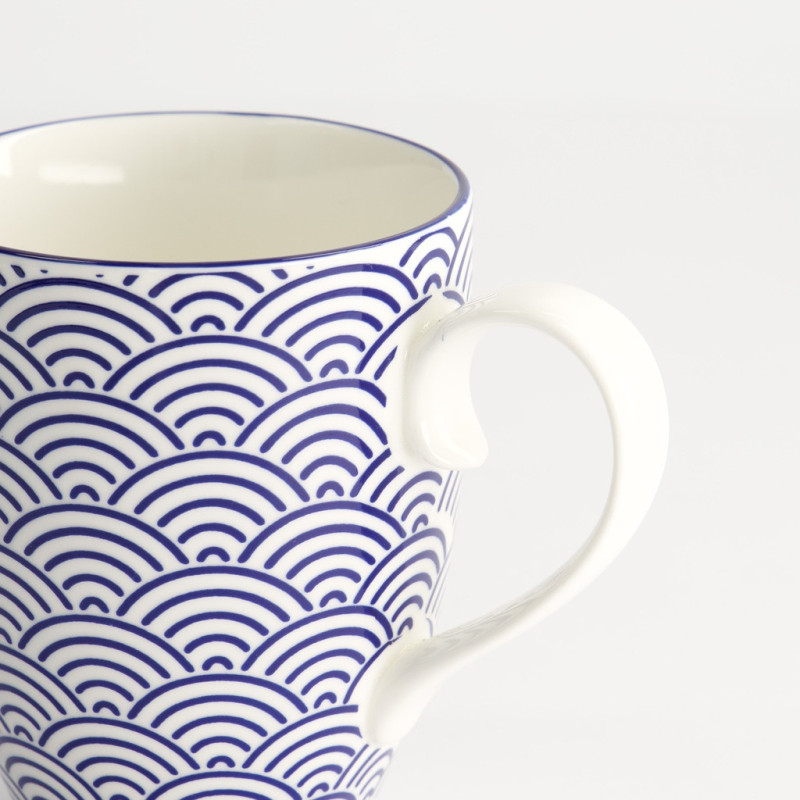 Mug en céramique motif vagues japonaises bleu et blanc avec anse ergonomique 38 cl