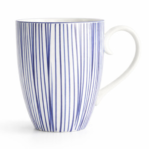 White porcelain mug with vertical blue line motifs and curved handle