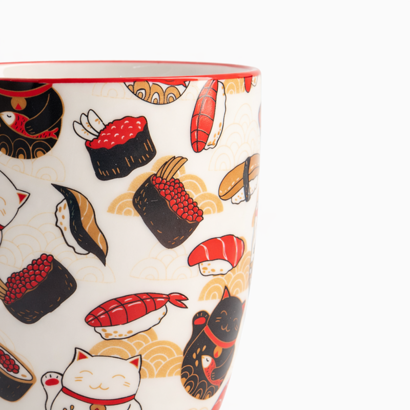 White mug with lucky cat and colorful sushi motifs, red rim, 380 ml