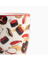 White mug with lucky cat and colorful sushi motifs, red rim, 380 ml