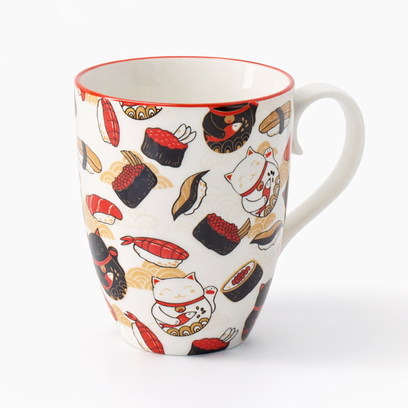 Ceramic mug decorated with lucky cat, sushi and colorful motifs, 380 ml