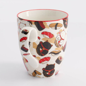 Mug en céramique motifs chats porte-bonheur et sushis 380 ml bordure rouge