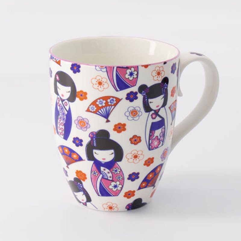 Ceramic mug decorated with Maiko dolls and colorful flowers, 380 ml capacity