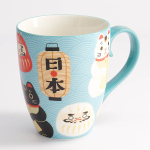Mug bleu motifs japonais chat porte-bonheur lanterne et figurines traditionnelles kawaii