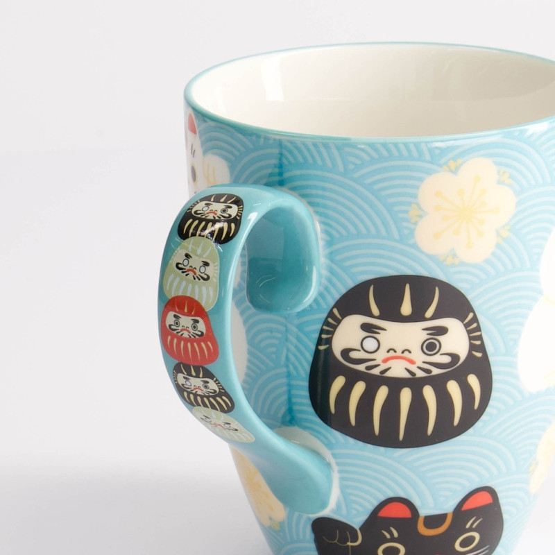 Mug bleu motifs japonais daruma fleurs de cerisier et chat porte-bonheur kawaii 380ml