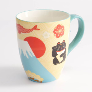 Kawaii Japan mug with Mount Fuji, lucky cat, carp and flower motifs, 380 ml