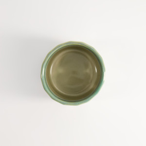 Sky blue and beige ceramic cup 30 cl capacity rounded shape with scalloped rim