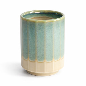 Sky blue and beige ceramic cup 30 cl capacity glossy finish and cylindrical shape