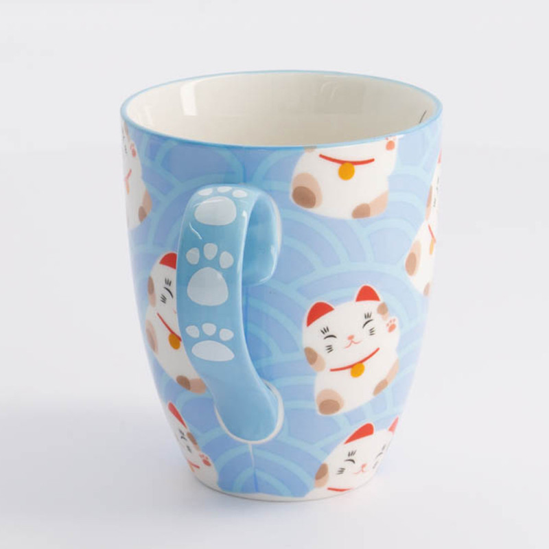Blue mug with lucky cat motifs paws on handle 380ml