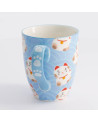 Mug bleu motifs chat porte-bonheur pattes sur anse 380ml