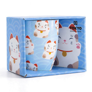 Blauwe mug met kawaii gelukskattenmotieven 380ml verpakking Tokyo Design Studio