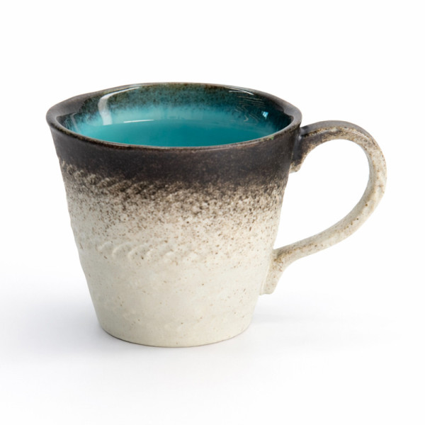 Mug en céramique dégradé beige noir intérieur bleu avec anse ergonomique