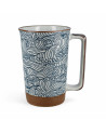 Mug en céramique motif vague japonaise style Hokusai avec anse rectangulaire et base marron