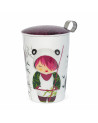 Edelstahl-Teekanne mit Illustration einer Figur im Panda-Kostüm und Bamboo-Motiven auf weißem Hintergrund