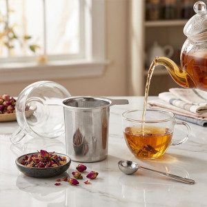 Edelstahl-Teesieb auf dem Tisch, daneben eine Glastasse mit Kräutertee und eine Glaskanne im Hintergrund