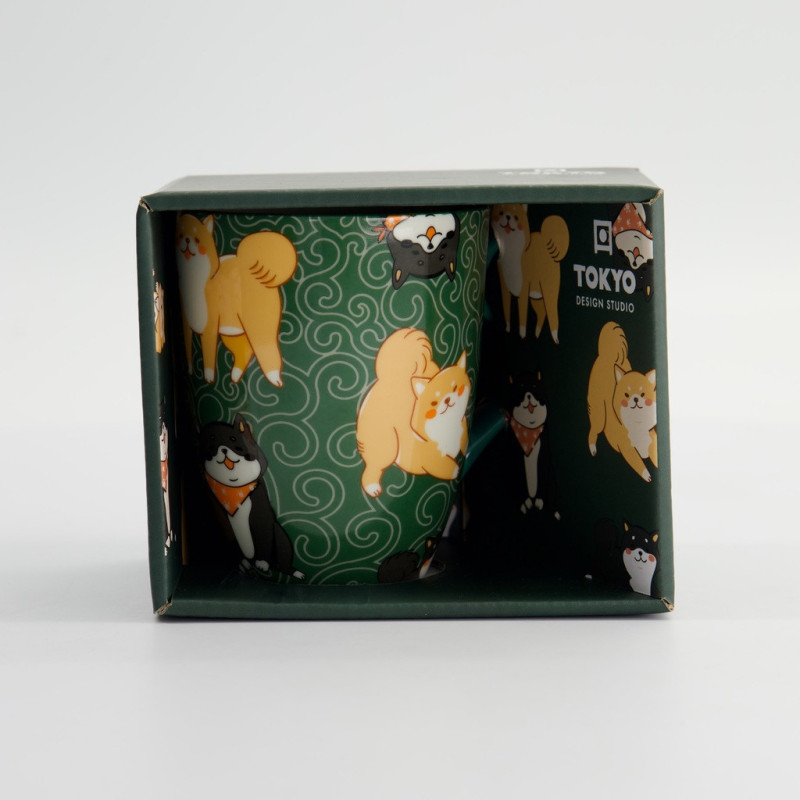Mug vert avec motifs chiens Shiba Inu et autres chiens dans boîte Tokyo Design Studio