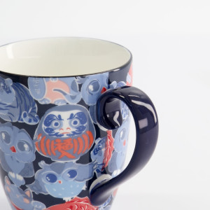 Mug en céramique avec motifs kawaii Daruma chouettes et fleurs bleu rouge et blanc