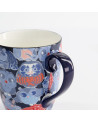 Mug en céramique avec motifs kawaii Daruma chouettes et fleurs bleu rouge et blanc