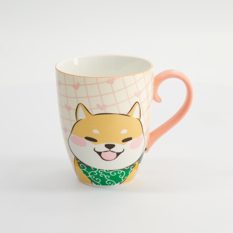 Ceramic mug with smiling Shiba dog illustration, pink grid background, and pink handle