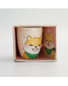 Ceramic mug with Shiba dog illustration and pink checkered background in a presentation box