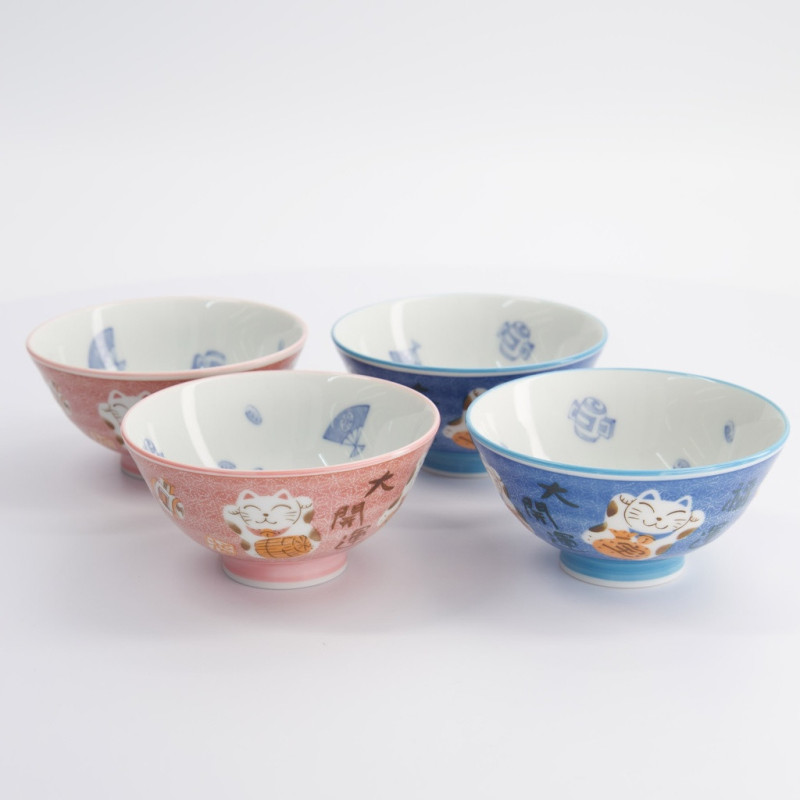 Kawaii Lucky Cat Blue/Pink Ricebowl