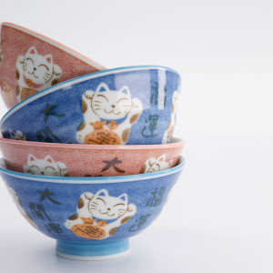Ensemble de bols à riz bleu et rose décorés de chats porte-bonheur japonais kawaii