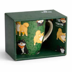 Mug vert décoré de chiens Shiba Inu dans boîte cadeau Tokyo Design Studio
