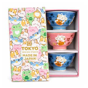 Coffret de trois bols à riz bleu et rose avec chat porte-bonheur japonais et boîte colorée kawaii