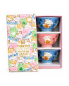Coffret de trois bols à riz bleu et rose avec chat porte-bonheur japonais et boîte colorée kawaii