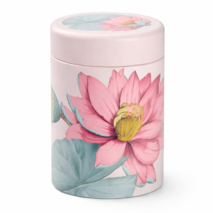 Pink cylindrical box decorated with a lotus flower for Padma Thés & Traditions tea