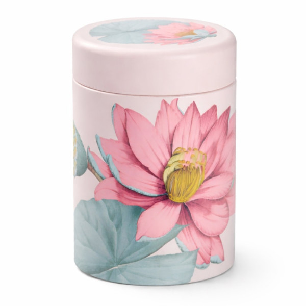 Pink cylindrical box decorated with a lotus flower for Padma Thés & Traditions tea