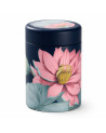 Blaue Teedose Padma mit großer rosa Blüte und grünen Blättern verziert