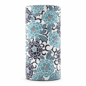 Cylindrical washi paper box with blue and black floral pattern for tea and traditions