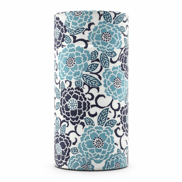 Cylindrical washi paper box with blue and black floral pattern for tea and traditions
