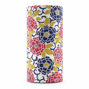 Cylindrical washi paper box with pink, blue floral patterns and green leaves