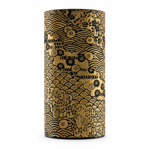 Boîte ronde en papier washi doré motifs floraux et vagues japonaises noire