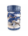 Round tea tin decorated with a blue pine tree and a white crane on a mountain background