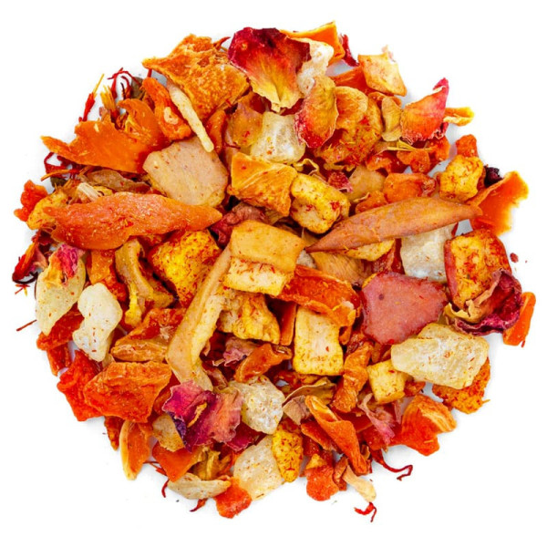mengeling van gedroogde vruchten en bloemblaadjes voor Peach Melba kruidenthee van Thés & Traditions