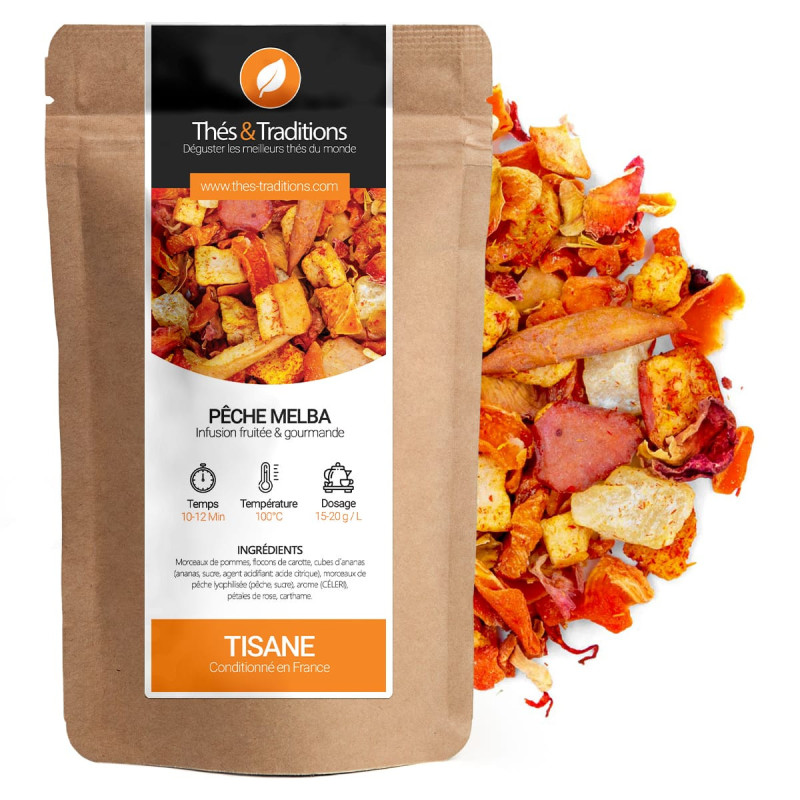 Peach Melba herbal tea kraft bag with dried fruit blend and peach pieces