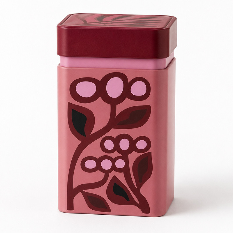 Rose and burgundy metal tea caddy with graphic floral pattern, 150 g capacity, Seventea Rouge box