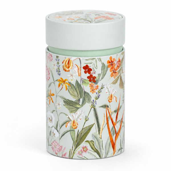 Mira green metal tea caddy 150g, multicolored botanical floral design on celadon green background, double hermetic lid