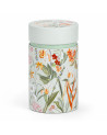 Boîte de thé décorée de fleurs colorées sur fond vert pâle pour 150g de thé Mira Verte